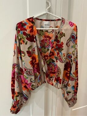 MASALA Vibrant Multi-colored Floral Paisley Print Top Large V Neck
